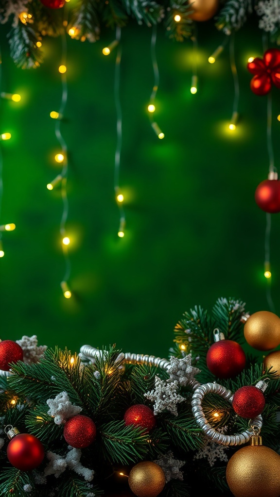 A festive green Christmas background with pine branches and ornaments, illuminated by soft lights.